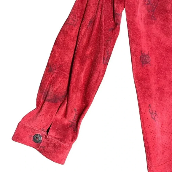 CHICO'S Leather Suede Shirt Jacket Womens Size 1 (Medium) Red Black Asian Print - Picture 5 of 8